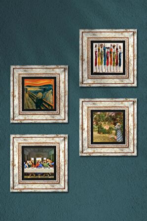 Leonardo da Vinci, Claude Monet, Çığlık, Yerli Kadınlar Taş Duvar Tablosu Çerçeveli Duvar Dekoru 4 Parça Tablo Seti Wall Art