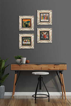 Leonardo da Vinci, Claude Monet, Çığlık, Yerli Kadınlar Taş Duvar Tablosu Çerçeveli Duvar Dekoru 4 Parça Tablo Seti Wall Art