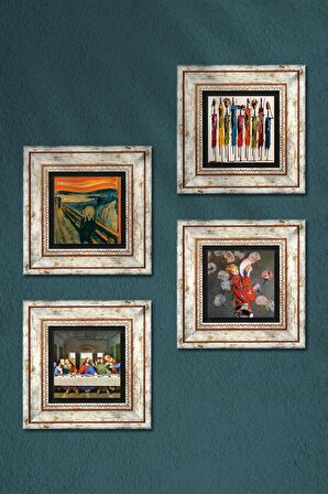 Leonardo da Vinci, Claude Monet, Çığlık, Yerli Kadınlar Taş Duvar Tablosu Çerçeveli Duvar Dekoru 4 Parça Tablo Seti Wall Art