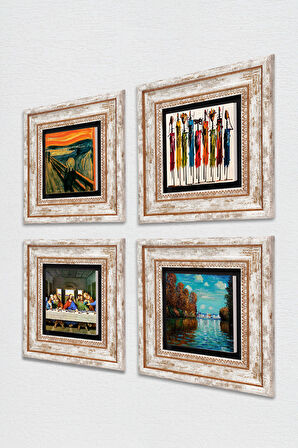 Leonardo da Vinci, Claude Monet, Çığlık, Yerli Kadınlar Taş Duvar Tablosu Çerçeveli Duvar Dekoru 4 Parça Tablo Seti Wall Art