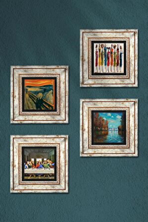 Leonardo da Vinci, Claude Monet, Çığlık, Yerli Kadınlar Taş Duvar Tablosu Çerçeveli Duvar Dekoru 4 Parça Tablo Seti Wall Art
