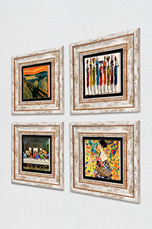 Gustav Klimt, Leonardo da Vinci, Çığlık, Yerli Kadınlar Taş Duvar Tablosu Çerçeveli Duvar Dekoru 4 Parça Tablo Seti Wall Art