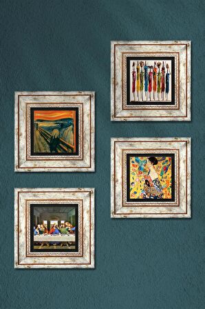 Gustav Klimt, Leonardo da Vinci, Çığlık, Yerli Kadınlar Taş Duvar Tablosu Çerçeveli Duvar Dekoru 4 Parça Tablo Seti Wall Art