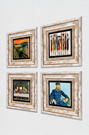 Van Gogh, Leonardo da Vinci, Çığlık, Yerli Kadınlar Taş Duvar Tablosu Çerçeveli Duvar Dekoru 4 Parça Tablo Seti Wall Art