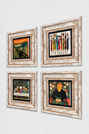 Van Gogh, Leonardo da Vinci, Çığlık, Yerli Kadınlar Taş Duvar Tablosu Çerçeveli Duvar Dekoru 4 Parça Tablo Seti Wall Art