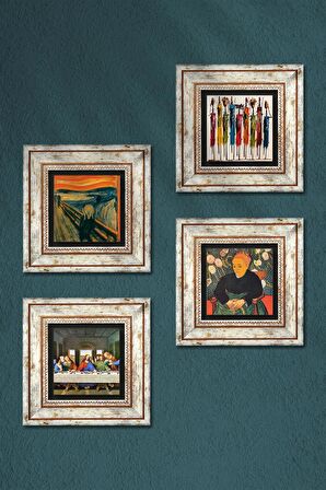 Van Gogh, Leonardo da Vinci, Çığlık, Yerli Kadınlar Taş Duvar Tablosu Çerçeveli Duvar Dekoru 4 Parça Tablo Seti Wall Art