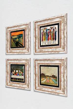 Van Gogh, Leonardo da Vinci, Çığlık, Yerli Kadınlar Taş Duvar Tablosu Çerçeveli Duvar Dekoru 4 Parça Tablo Seti Wall Art