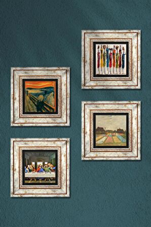 Van Gogh, Leonardo da Vinci, Çığlık, Yerli Kadınlar Taş Duvar Tablosu Çerçeveli Duvar Dekoru 4 Parça Tablo Seti Wall Art