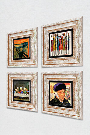 Van Gogh, Leonardo da Vinci, Çığlık, Yerli Kadınlar Taş Duvar Tablosu Çerçeveli Duvar Dekoru 4 Parça Tablo Seti Wall Art