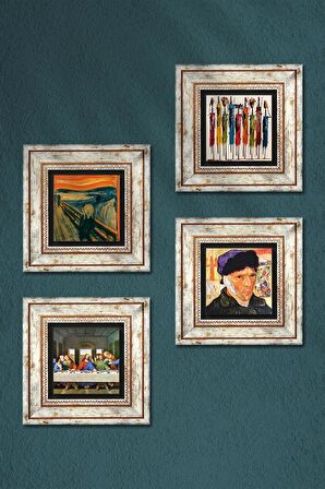 Van Gogh, Leonardo da Vinci, Çığlık, Yerli Kadınlar Taş Duvar Tablosu Çerçeveli Duvar Dekoru 4 Parça Tablo Seti Wall Art