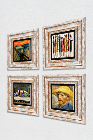 Van Gogh, Leonardo da Vinci, Çığlık, Yerli Kadınlar Taş Duvar Tablosu Çerçeveli Duvar Dekoru 4 Parça Tablo Seti Wall Art