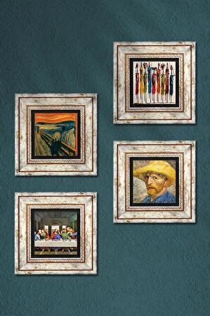 Van Gogh, Leonardo da Vinci, Çığlık, Yerli Kadınlar Taş Duvar Tablosu Çerçeveli Duvar Dekoru 4 Parça Tablo Seti Wall Art