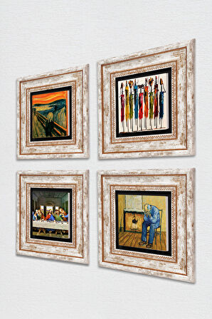 Van Gogh, Leonardo da Vinci, Çığlık, Yerli Kadınlar Taş Duvar Tablosu Çerçeveli Duvar Dekoru 4 Parça Tablo Seti Wall Art