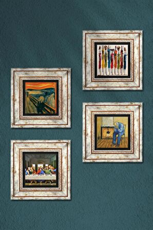 Van Gogh, Leonardo da Vinci, Çığlık, Yerli Kadınlar Taş Duvar Tablosu Çerçeveli Duvar Dekoru 4 Parça Tablo Seti Wall Art