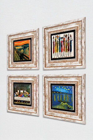 Van Gogh, Leonardo da Vinci, Çığlık, Yerli Kadınlar Taş Duvar Tablosu Çerçeveli Duvar Dekoru 4 Parça Tablo Seti Wall Art
