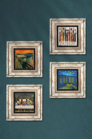 Van Gogh, Leonardo da Vinci, Çığlık, Yerli Kadınlar Taş Duvar Tablosu Çerçeveli Duvar Dekoru 4 Parça Tablo Seti Wall Art