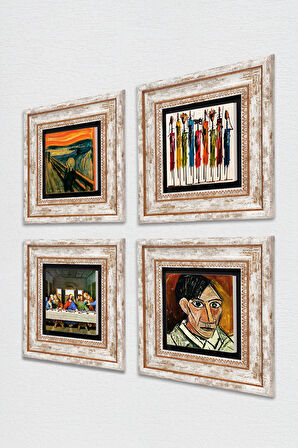 Picasso, Leonardo da Vinci, Çığlık, Yerli Kadınlar Taş Duvar Tablosu Çerçeveli Duvar Dekoru 4 Parça Tablo Seti Wall Art