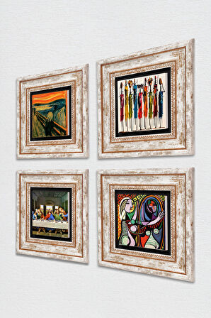Picasso, Leonardo da Vinci, Çığlık, Yerli Kadınlar Taş Duvar Tablosu Çerçeveli Duvar Dekoru 4 Parça Tablo Seti Wall Art