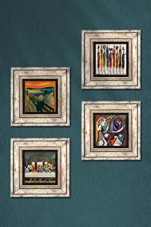 Picasso, Leonardo da Vinci, Çığlık, Yerli Kadınlar Taş Duvar Tablosu Çerçeveli Duvar Dekoru 4 Parça Tablo Seti Wall Art