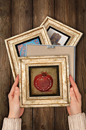 Vav, Muhammed Resulullah Lafzı, Nazar, Bereket Duası Taş Duvar Tablosu Çerçeveli Duvar Dekoru 4 Parça Tablo Seti Wall Art