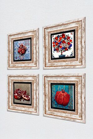 Nar Ağacı, Nar Taş Duvar Tablosu Çerçeveli Duvar Dekoru 4 Parça Tablo Seti Wall Art