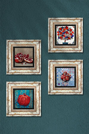 Nar Ağacı, Nar Taş Duvar Tablosu Çerçeveli Duvar Dekoru 4 Parça Tablo Seti Wall Art