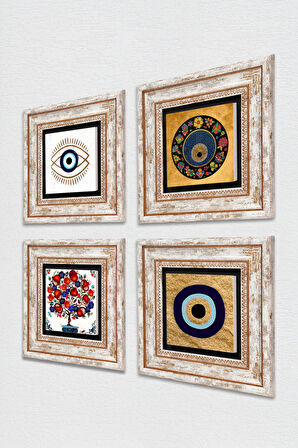 Nazar, Nar Ağacı Taş Duvar Tablosu Çerçeveli Duvar Dekoru 4 Parça Tablo Seti Wall Art