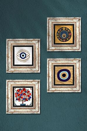 Nazar, Nar Ağacı Taş Duvar Tablosu Çerçeveli Duvar Dekoru 4 Parça Tablo Seti Wall Art