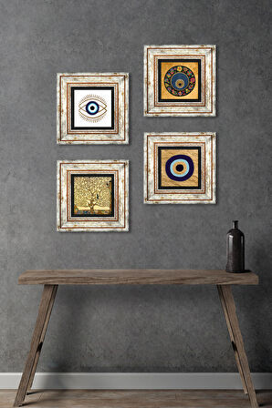 Nazar, Hayat Ağacı Taş Duvar Tablosu Çerçeveli Duvar Dekoru 4 Parça Tablo Seti Wall Art