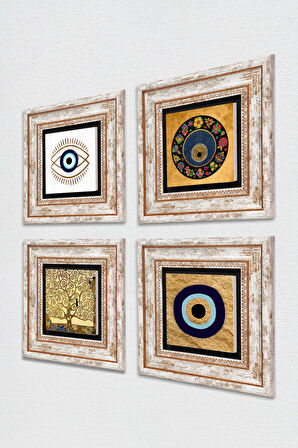 Nazar, Hayat Ağacı Taş Duvar Tablosu Çerçeveli Duvar Dekoru 4 Parça Tablo Seti Wall Art