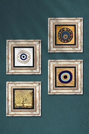 Nazar, Hayat Ağacı Taş Duvar Tablosu Çerçeveli Duvar Dekoru 4 Parça Tablo Seti Wall Art