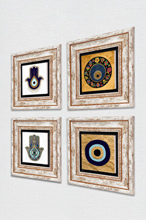 Nazar, Fatma Ana Eli (Hamsa) Taş Duvar Tablosu Çerçeveli Duvar Dekoru 4 Parça Tablo Seti Wall Art
