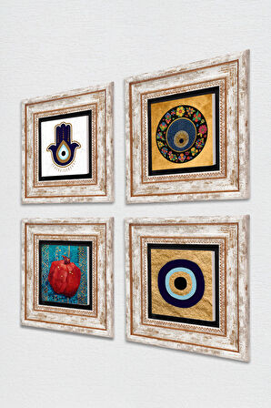 Fatma Ana Eli (Hamsa), Nazar, Nar Taş Duvar Tablosu Çerçeveli Duvar Dekoru 4 Parça Tablo Seti Wall Art