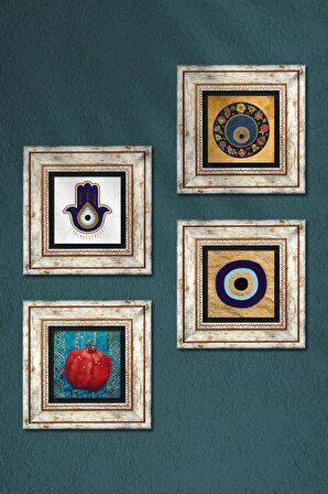 Fatma Ana Eli (Hamsa), Nazar, Nar Taş Duvar Tablosu Çerçeveli Duvar Dekoru 4 Parça Tablo Seti Wall Art