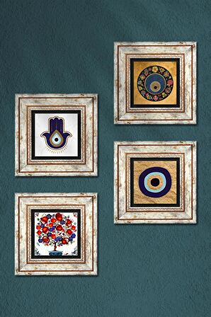 Fatma Ana Eli (Hamsa), Nazar, Nar Ağacı Taş Duvar Tablosu Çerçeveli Duvar Dekoru 4 Parça Tablo Seti Wall Art