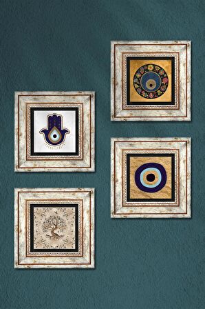 Fatma Ana Eli (Hamsa), Nazar, Hayat Ağacı Taş Duvar Tablosu Çerçeveli Duvar Dekoru 4 Parça Tablo Seti Wall Art