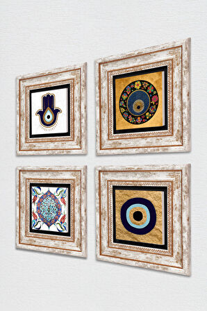 Fatma Ana Eli (Hamsa), Nazar, Çini Sanatı Taş Duvar Tablosu Çerçeveli Duvar Dekoru 4 Parça Tablo Seti Wall Art