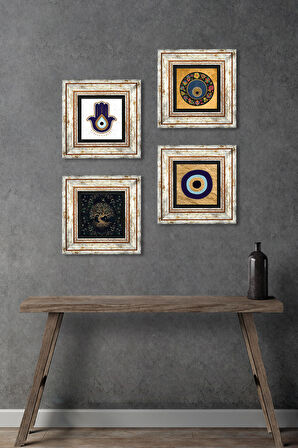 Fatma Ana Eli (Hamsa), Hayat Ağacı, Nazar Taş Duvar Tablosu Çerçeveli Duvar Dekoru 4 Parça Tablo Seti Wall Art
