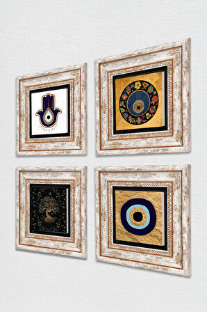 Fatma Ana Eli (Hamsa), Hayat Ağacı, Nazar Taş Duvar Tablosu Çerçeveli Duvar Dekoru 4 Parça Tablo Seti Wall Art