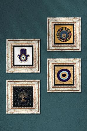 Fatma Ana Eli (Hamsa), Hayat Ağacı, Nazar Taş Duvar Tablosu Çerçeveli Duvar Dekoru 4 Parça Tablo Seti Wall Art