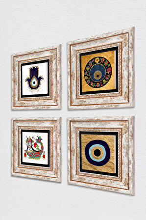 Fatma Ana Eli (Hamsa), Şahmeran, Nazar Taş Duvar Tablosu Çerçeveli Duvar Dekoru 4 Parça Tablo Seti Wall Art