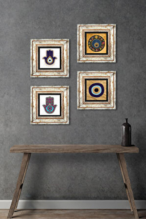 Fatma Ana Eli (Hamsa), Nazar Taş Duvar Tablosu Çerçeveli Duvar Dekoru 4 Parça Tablo Seti Wall Art