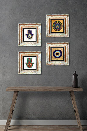 Fatma Ana Eli (Hamsa), Nazar Taş Duvar Tablosu Çerçeveli Duvar Dekoru 4 Parça Tablo Seti Wall Art