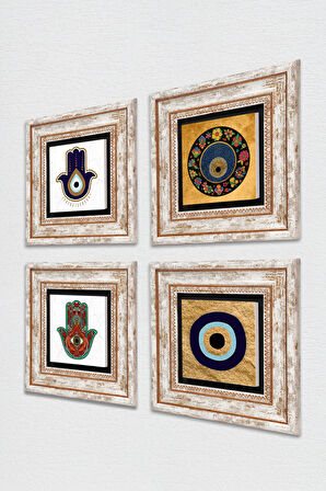 Fatma Ana Eli (Hamsa), Nazar Taş Duvar Tablosu Çerçeveli Duvar Dekoru 4 Parça Tablo Seti Wall Art