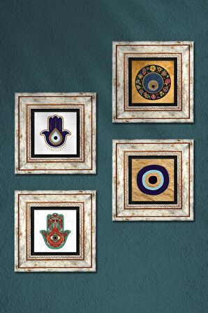 Fatma Ana Eli (Hamsa), Nazar Taş Duvar Tablosu Çerçeveli Duvar Dekoru 4 Parça Tablo Seti Wall Art