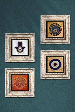 Fatma Ana Eli (Hamsa), Sri Yantra, Nazar Taş Duvar Tablosu Çerçeveli Duvar Dekoru 4 Parça Tablo Seti Wall Art
