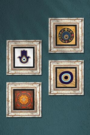 Fatma Ana Eli (Hamsa), Sri Yantra, Nazar Taş Duvar Tablosu Çerçeveli Duvar Dekoru 4 Parça Tablo Seti Wall Art
