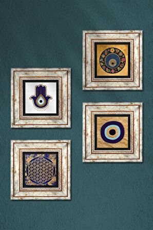 Fatma Ana Eli (Hamsa), Yaşam Çiçeği, Nazar Taş Duvar Tablosu Çerçeveli Duvar Dekoru 4 Parça Tablo Seti Wall Art