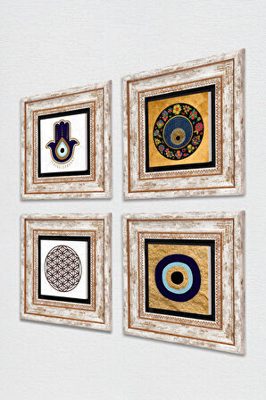 Fatma Ana Eli (Hamsa), Yaşam Çiçeği, Nazar Taş Duvar Tablosu Çerçeveli Duvar Dekoru 4 Parça Tablo Seti Wall Art