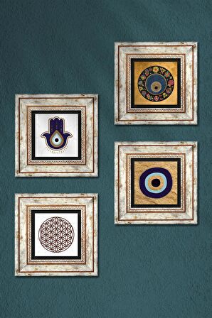 Fatma Ana Eli (Hamsa), Yaşam Çiçeği, Nazar Taş Duvar Tablosu Çerçeveli Duvar Dekoru 4 Parça Tablo Seti Wall Art